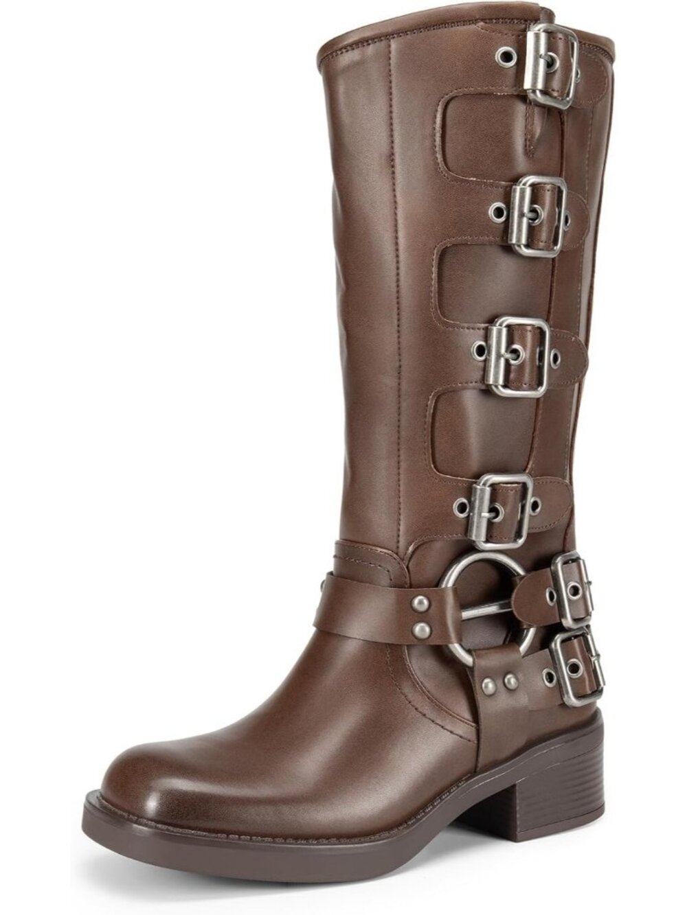 Women's Tan Faux Leather Adjustable Buckles Low Chunky Heel Knee High Boots